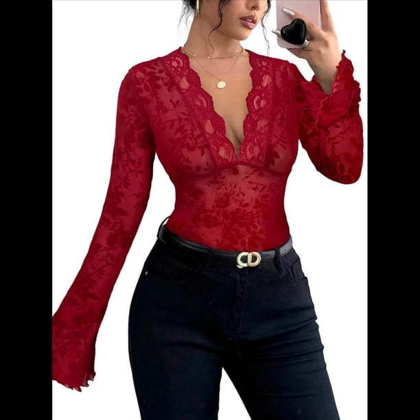 Blusa de Larga con Cuello Redondo y Encaje de con Bordado Floral para Mujer Rojo XL