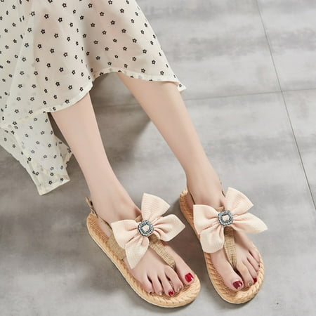 

〖Yilirongyumm〗 Green 39 Slippers For Women Beach Weave Summer Sandals Shoes Bow Slip On Women s Flat Toe Breathable Open Slippers Women s Slipper