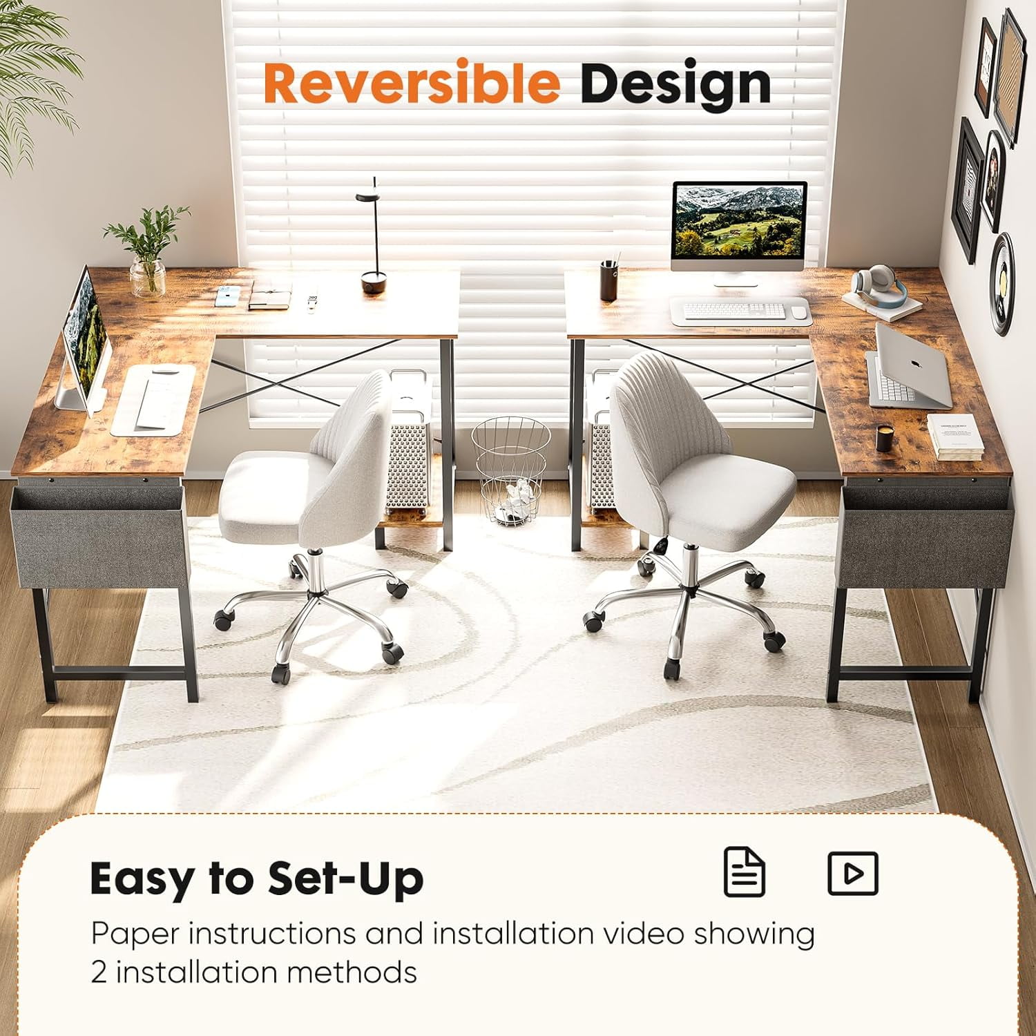 Bigleap L Shaped Computer Desk - Gaming Table Corner Desk 50 Inch PC White Writing Desk Study Desks with Wooden Desktop CPU Stand Side Bag Reversible for Home Office Room Small Space, Brown
