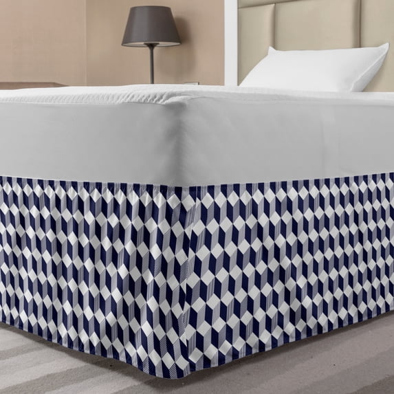 Navy Blue Bed Skirt, Abstract Cube Shape Striped Geometric 3 Dimension Pattern Squares and Lines, Elastic Bedskirt Dust Ruffle Wrap Around for Bedding Decor, 4 Sizes, Night Blue, by Ambesonne