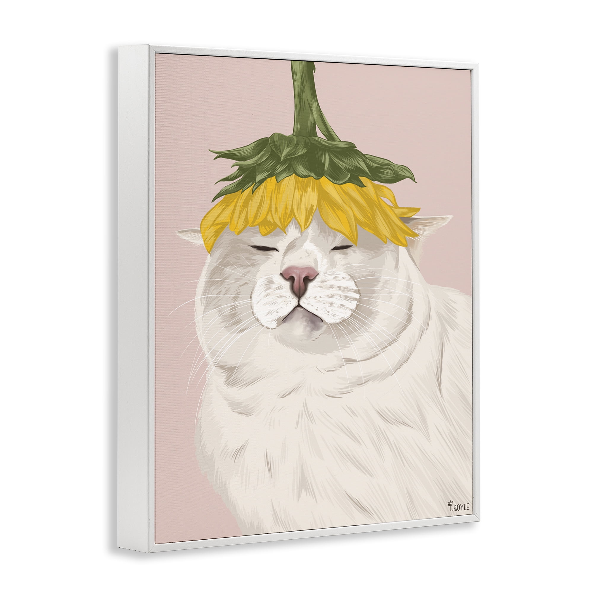 Stupell Industries Cat with Daisy on Head Animals & Insects Painting White Framed Art Print Wall Art, 24 x 30