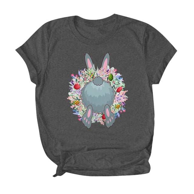 Pompotops Blouse à Manches Courtes et Col Rond pour Femmes avec Imprimé Couronne de Lapin de Pâques