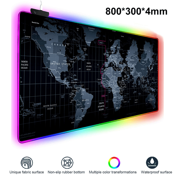 Alfombrilla de ratón RGB para juegos, alfombrilla de ratón LED, mapa con superficie impermeable suave, base de goma antideslizante, 14 modos de luz Xemadio 2034316-2