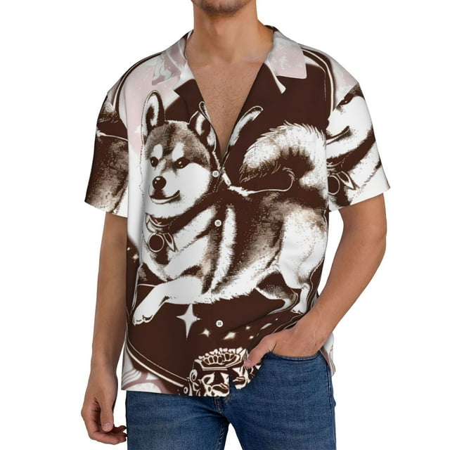 Balery Vintage Husky Dog Camisa Casual de Manga Corta con Botones para Hombre, Texturizada, Estilo Cubano, para Playa, Verano-Medium