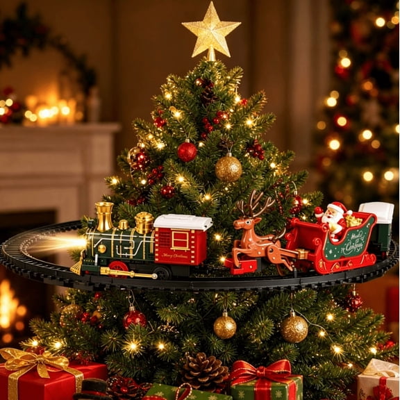 Qsnailfrr Christmas Train Set with Light & Sounds, Electric Railway Locomotive Play Set for Tree Decoration & Holiday Atmosphere