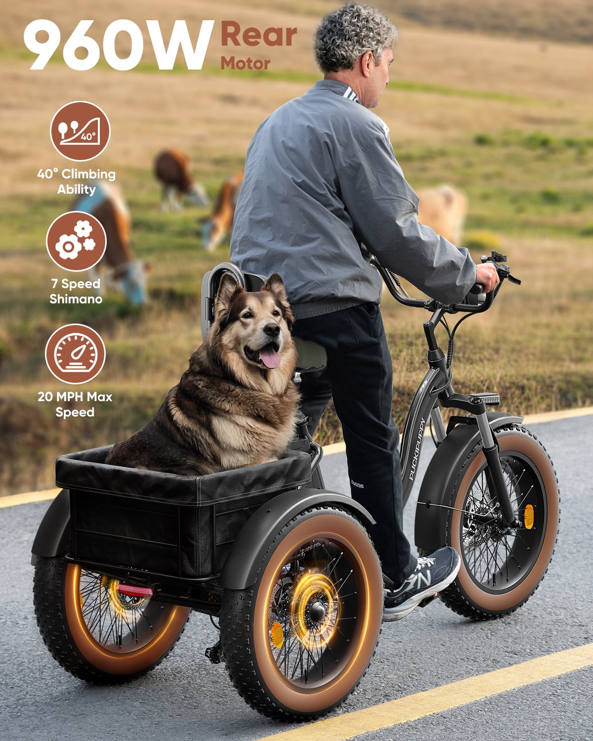 PUCKIPUPPY Electric Tricycle for Adults 960W Rear Motor 55Miles Range 20mph Max Speed 20" Fat Tire Electric Trike 3 Wheel Electric Bike 48V 15AH Battery E-Mountain Bike, Comply with UL2849 By SGS