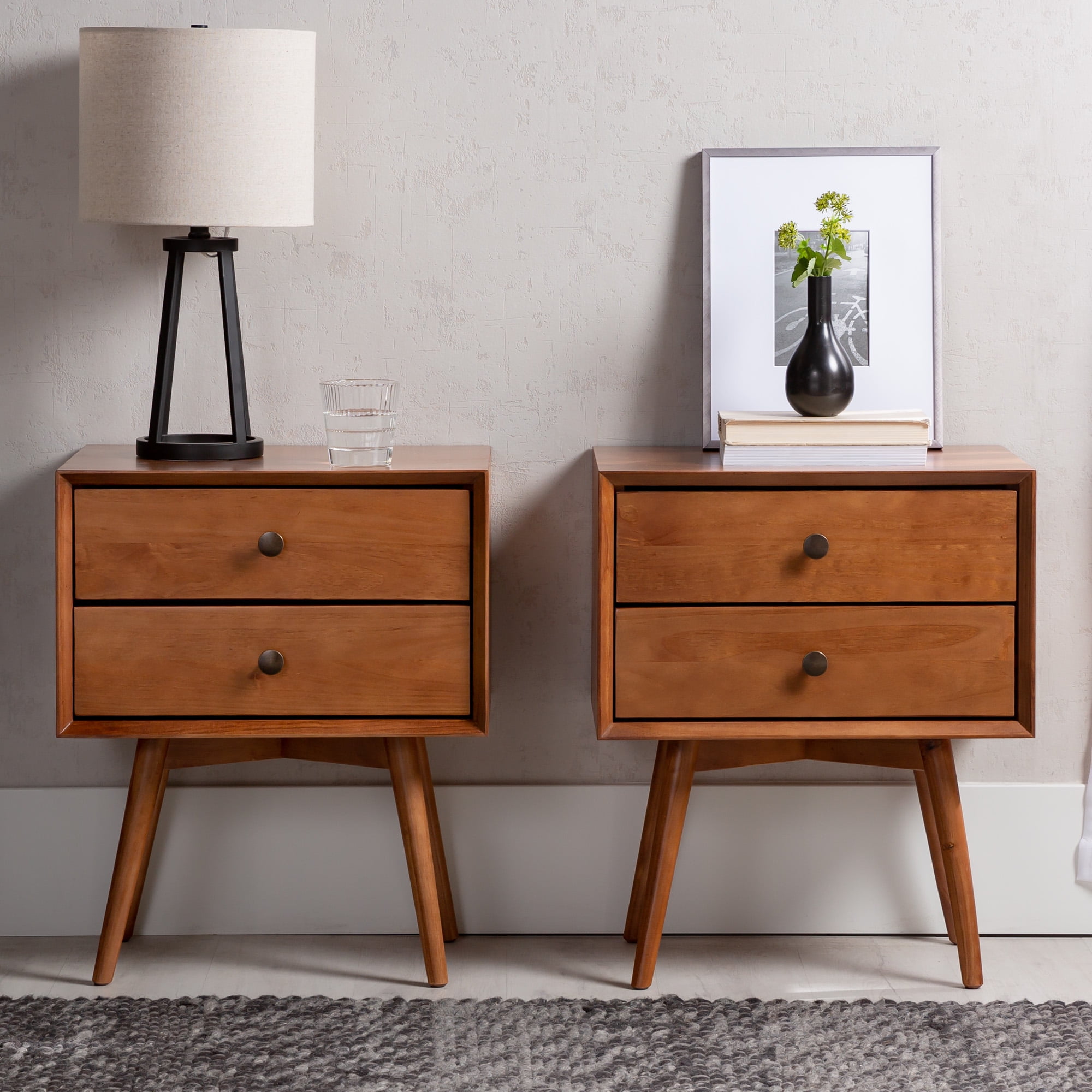 Walker Edison 2-Drawer Wood Nightstand, Set of 2, Caramel
