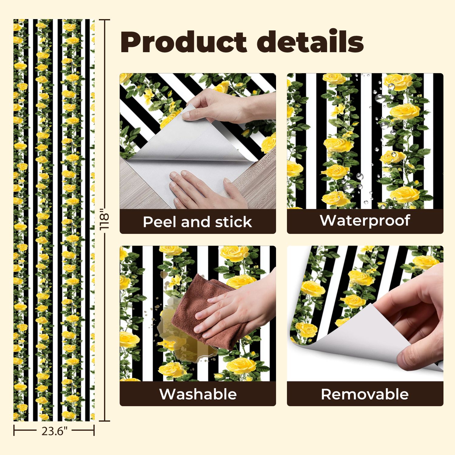Flower Peel and Stick Wallpaper 23.6in x 9.8ft Yellow Roses Black White Striped Contact Paper Vinyl Waterproof Self Adhesive Wall Paper for Bedroom Shelf Cabinet Renter Friendly
