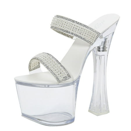 

IELGY Women s slippers transparent stiletto flower type pearl embellishment round head non-slip