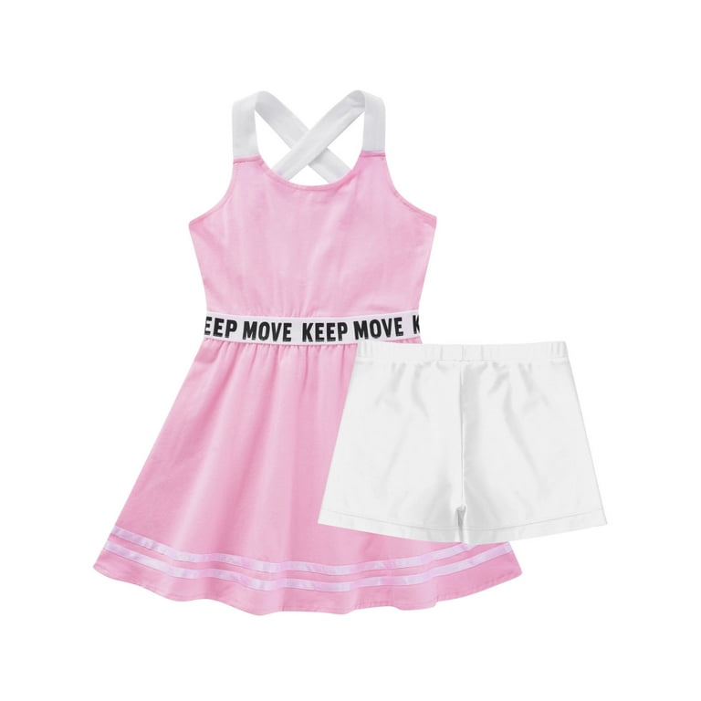 YEAHDOR Kids Girls Sports Suit Straps Cross at Rear A-Line Dress with  Shorts Set Gym Tennis Volleyball Outfit A Pink 12 