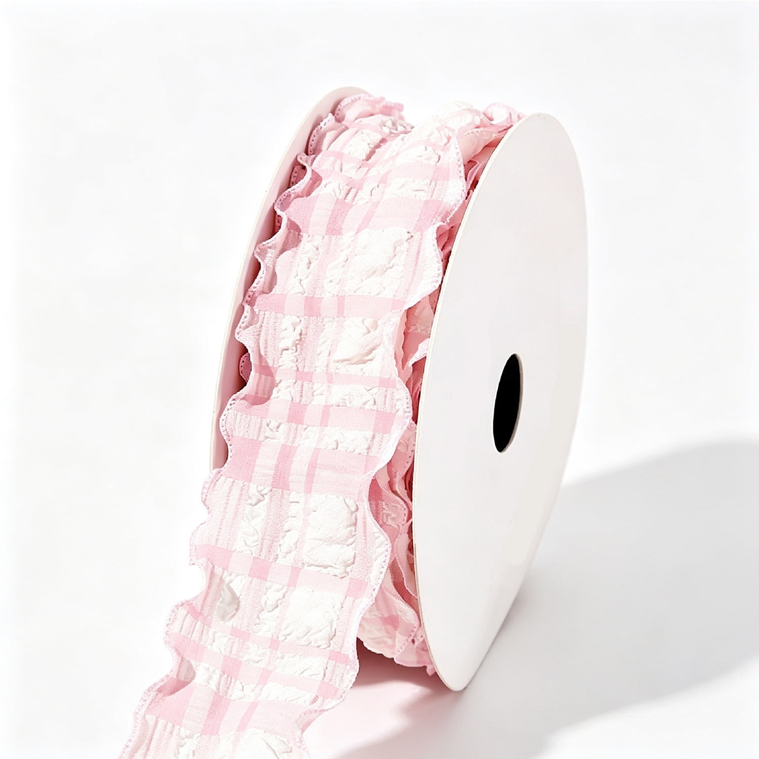 Puff Bubble Ruffled Gingham Fabric Ribbon 4cm x 10Y, Wavy Edge Plaid Decor Ribbon for Gift Packaging & Floral Arrangement