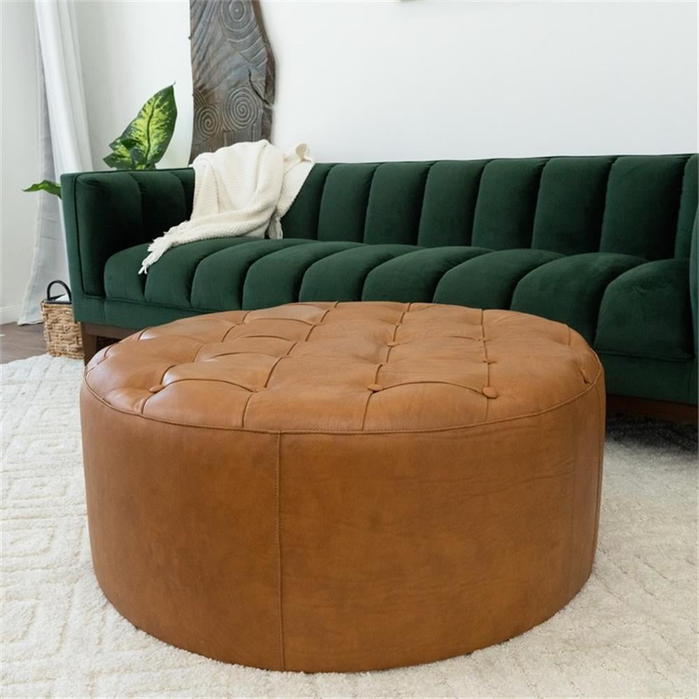 Tamsin Living Room Tan Genuine Leather Round Ottoman
