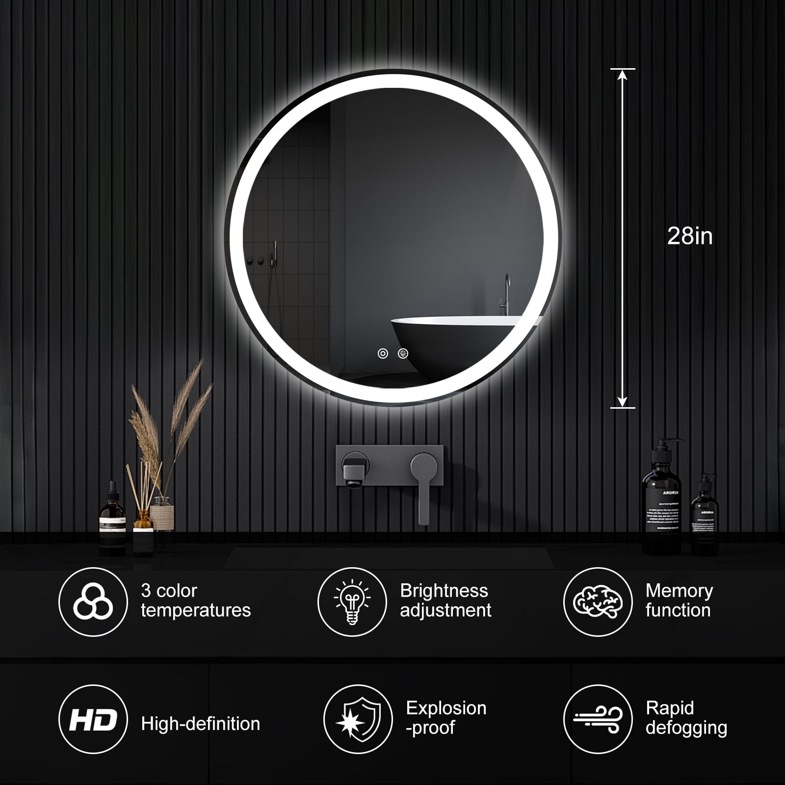 Gianna 28"x28" Round LED Bathroom Mirror with Anti-Fog, Dimmable Front and Backlit Lighting, 3 Color Temperatures