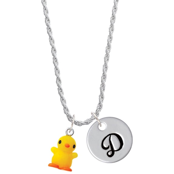 Delight Jewelry Resin Yellow Chick Silvertone Script Initial Disc - D - Charm Necklace, 20"+3"