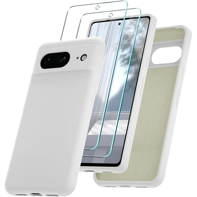KOMI for Google Pixel 8 Case, Silicone Phone Case with 2 Screen Protector, Soft Anti-Scratch Microfiber Lining, Full Body Shockproof Slim Cover Support Wireless Charging, White