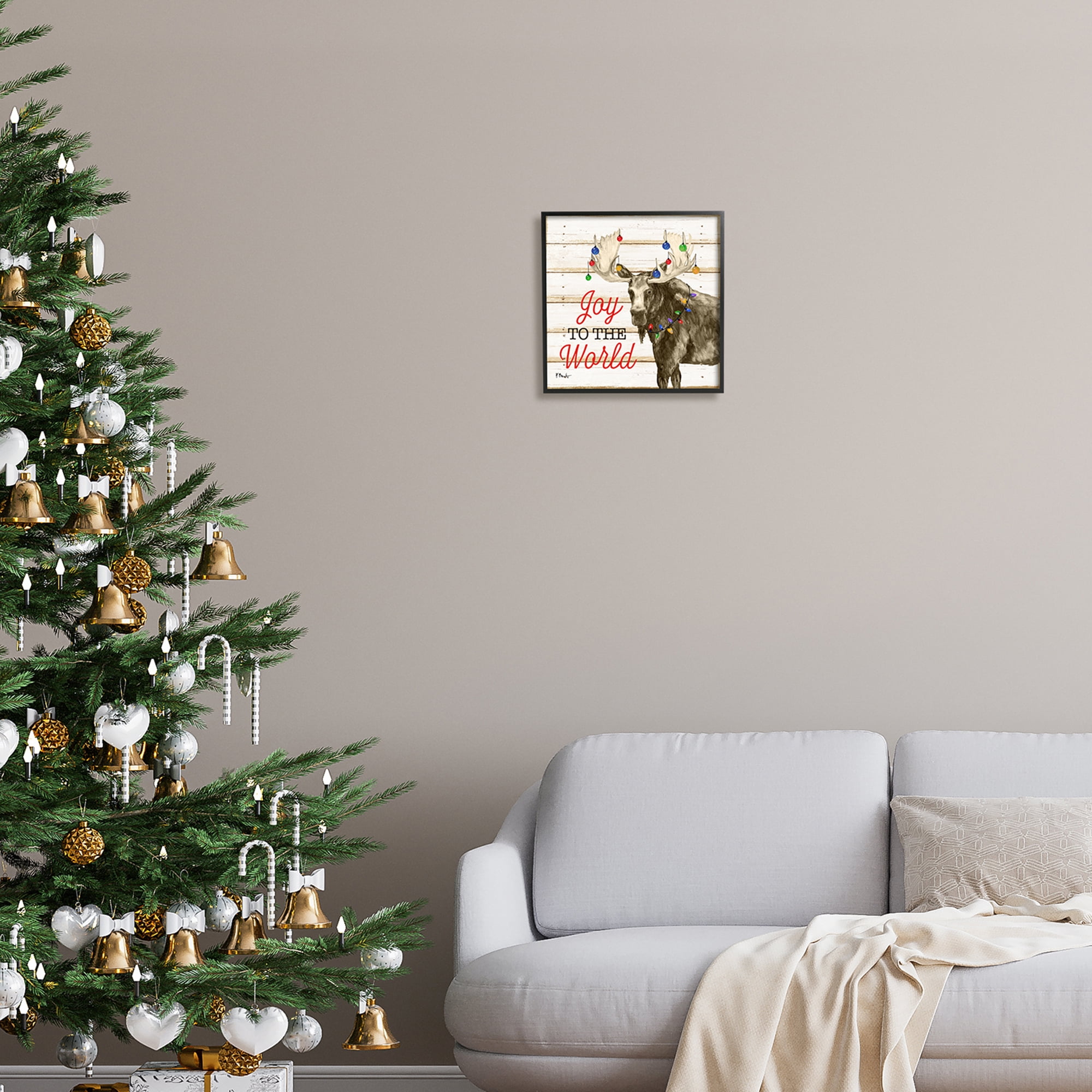 Stupell Industries Moose with Festive Lights Holiday Painting Black Framed Art Print Wall Art, 12 x 12