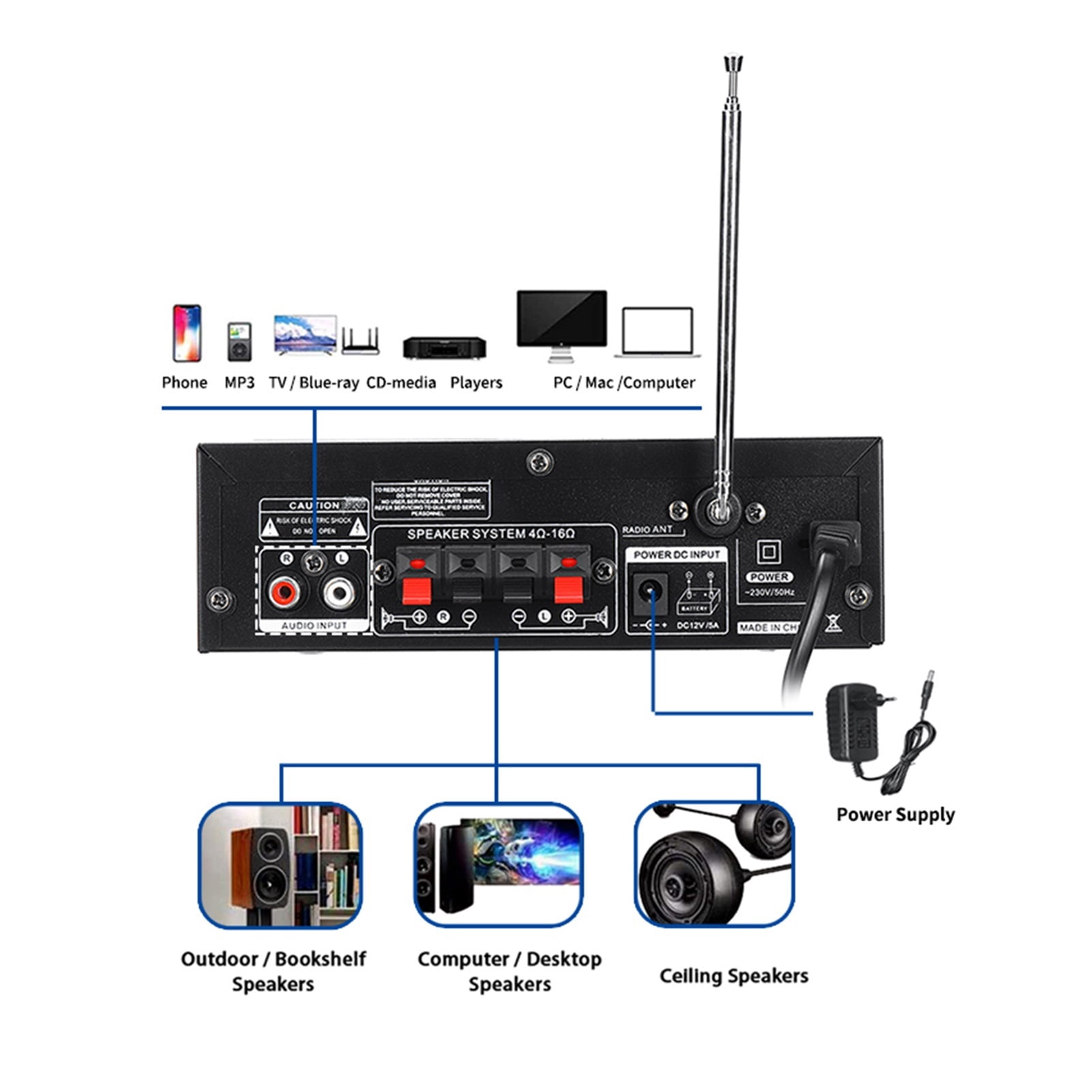 HIFI Bluetooth Amplifier Home Car Sound Audio Processor Home Theater Amplifiers Music Player With Remote Control
