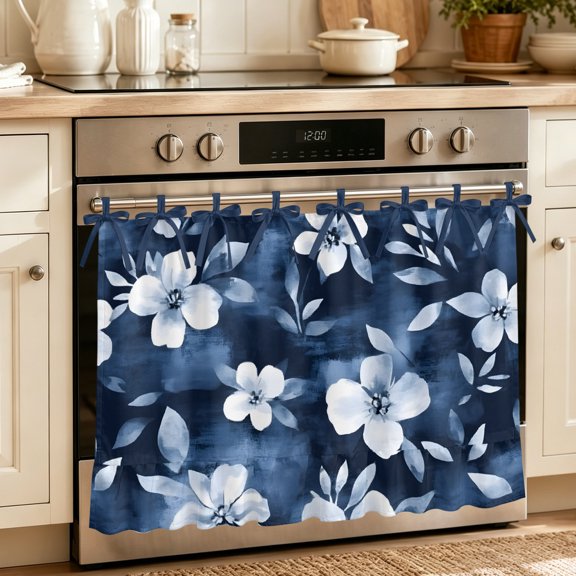 Oven Skirt Curtain for Kitchen 21.5x30 Inch, Navy Blue Spring Floral Oven Curtain with 8 Ribbon Ties & Ruffle Trim, Stove Skirt Curtain Dishwasher for Cabinets Summer Flowers Watercolor Botanical