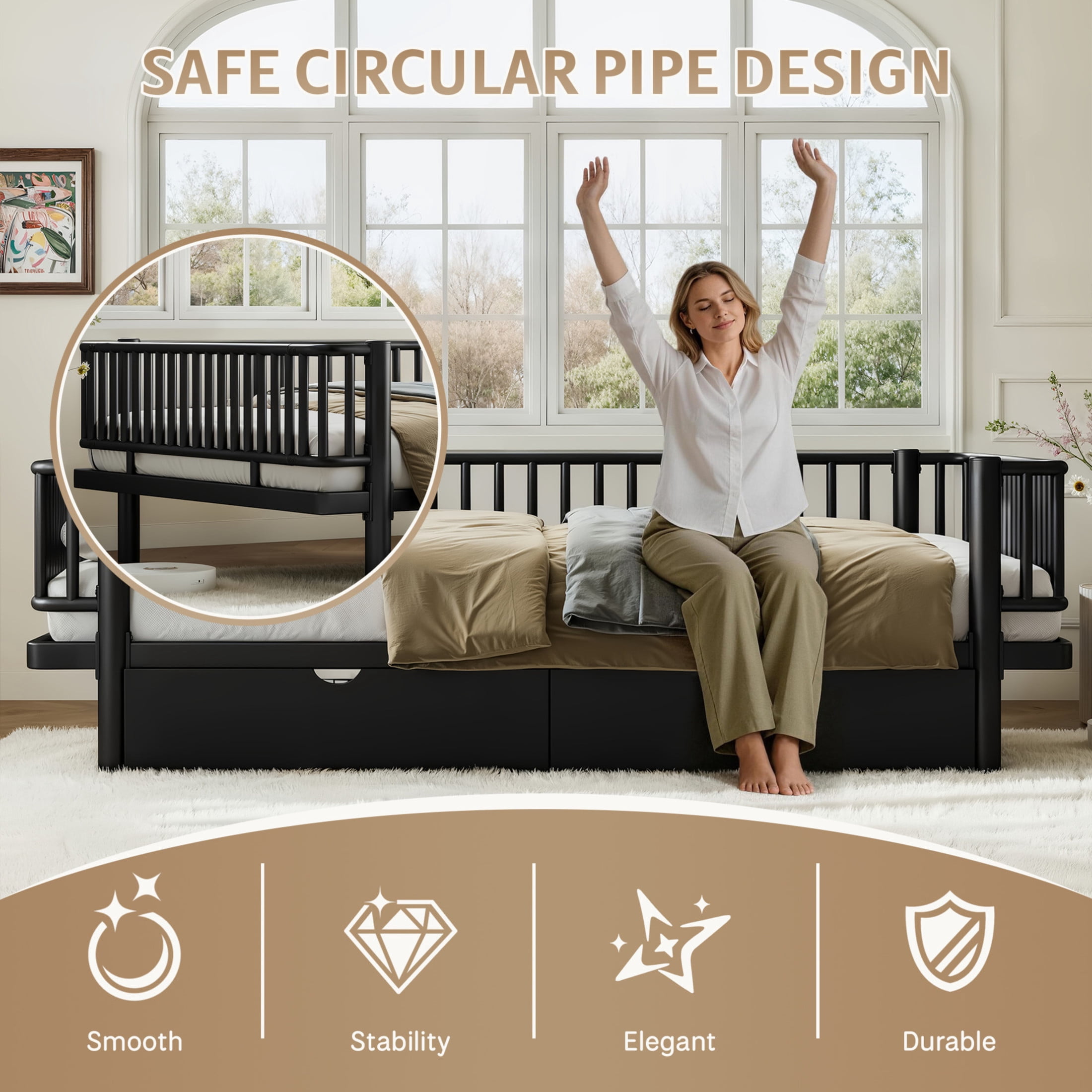 Noble House Queen Size Platform Bed with Storage Drawers, Daybed Frame with Round-Pipe Design, Black