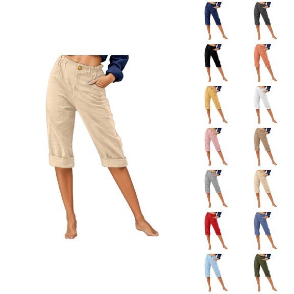 Capri Pants for Women Cotton Linen Lightweight Dressy Casual Mid Waist Straight Leg Cropped Slacks with Pockets