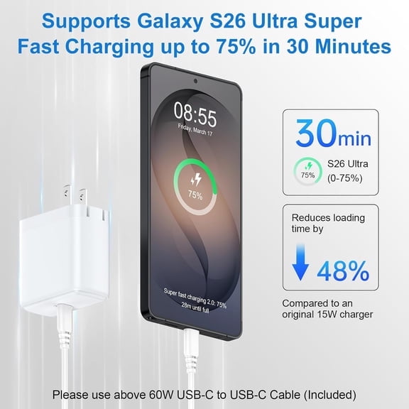 PASEJDO-65W Samsung Galaxy S26 Ultra Charger Super Fast Charger Type C Foldable Plug Android Phone Charger Block with 6FT 60W USB C to C Cord for Samsung Galaxy S26 S26+ S25 Plus S25 FE A17 A16 A36 A
