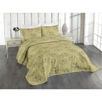 Ambesonne Line Art Flowers Quilted Coverlet 3 Pcs, Peony Sketch Art, Queen Size, Avocado Green Dark Grey
