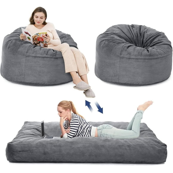 Bean Bag Chair for Adults, Giant Bean Bag Bed with Washable Corduroy Cover, Convertible Bean Bag Chair Bed from Beanbag to Floor Mattress for Living Room, Light Grey
