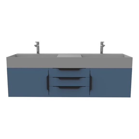 Amazon 60" Blue Wood Floating Vanity with Gray Top and Black Trim