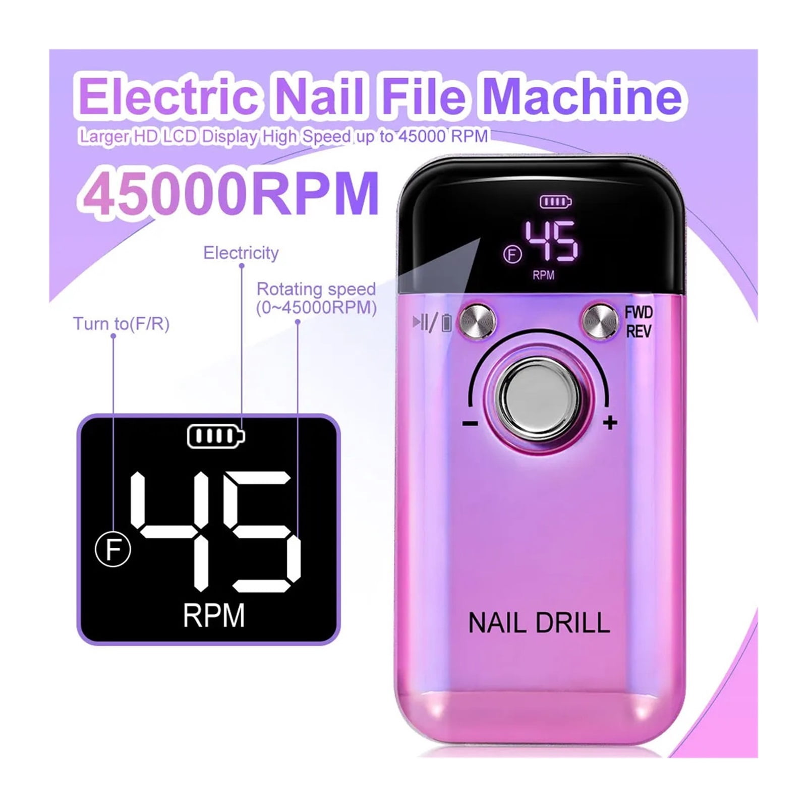 45000RPM Rechargeable Electric Nail Drill Machine Professional Nail Drills for Gel Nails Polish Portable Nail File Manicure Tool