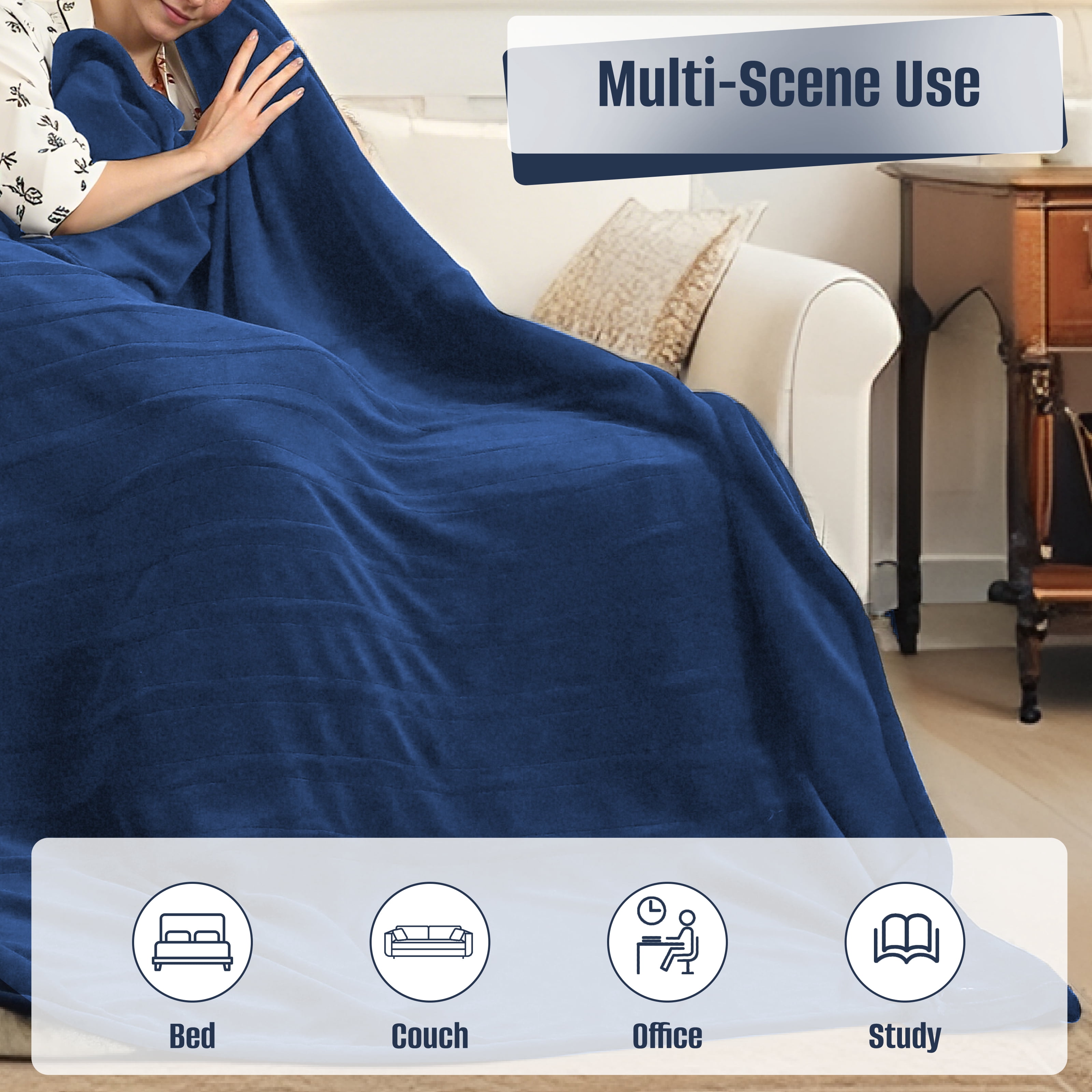 YAKEE Electric Heated Blanket 90"x100" King Size with Dual Control, 4 Heat Levels, 10-Hour Auto-off, Soft Coral Fleece, Overheat Protection, Dark Blue