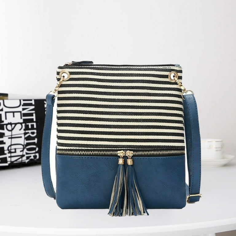 Black and white striped PU stitching shoulder crossbody bag