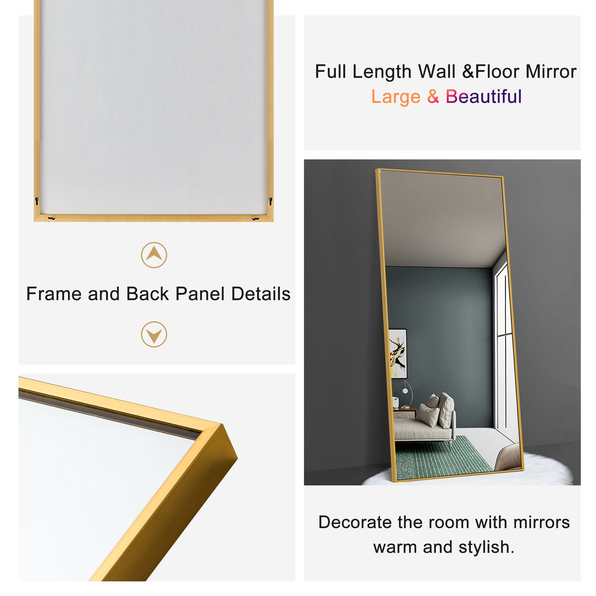65"x22" Rectangular Full Length Floor Mirror with Stand Pure Gold