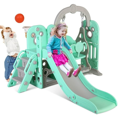 Arlopu Toddler Slide and Swing Set Freestanding Sturdy Kids Slide Climber Playset with Basketball Hoop Storage Space Anti-slip Steps Indoor Outdoor Toy