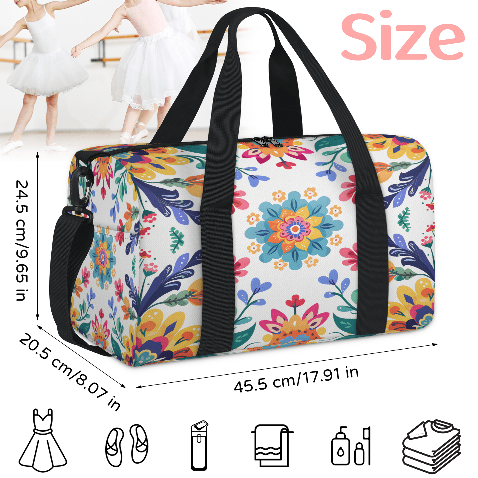 Herdesigns Colorful Floral Summer Flowers Gym Bag for Women, Duffle Bag for Travel Sport, Lightweight Waterproof Carry on Weekender Overnight Dance Yoga Workout Bags