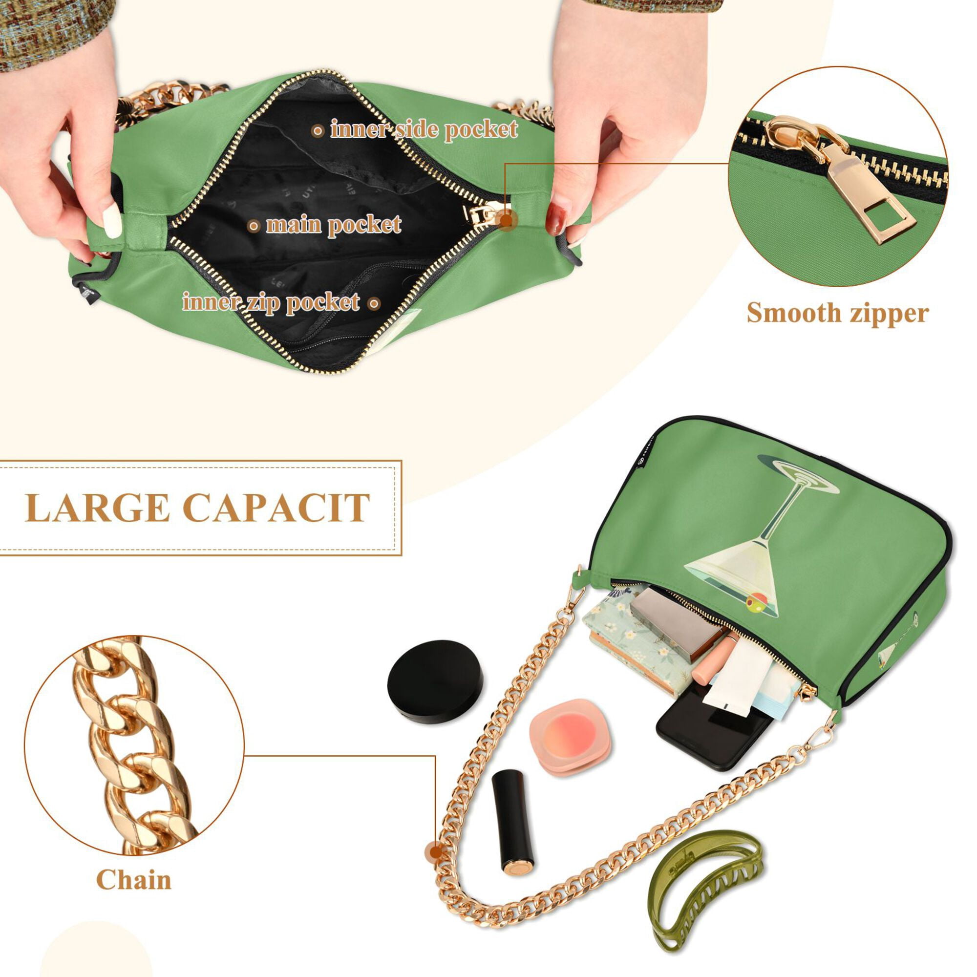 FORMRS Womens Shoulder Bag with Chain Strap Clutch Purse Cute Tote Handbag, Green Lemon Juice
