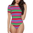 thumbnail image 1 of Balery Colorful Mexican Stripes Body de cuello redondo de manga corta para mujer Tops de manga corta Tops básicos-Small, 1 of 7