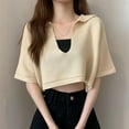 thumbnail image 3 of Women's Casual V Neck Short Sleeve Soild Basic Knitted Crop Top T-Shirt, 3 of 5