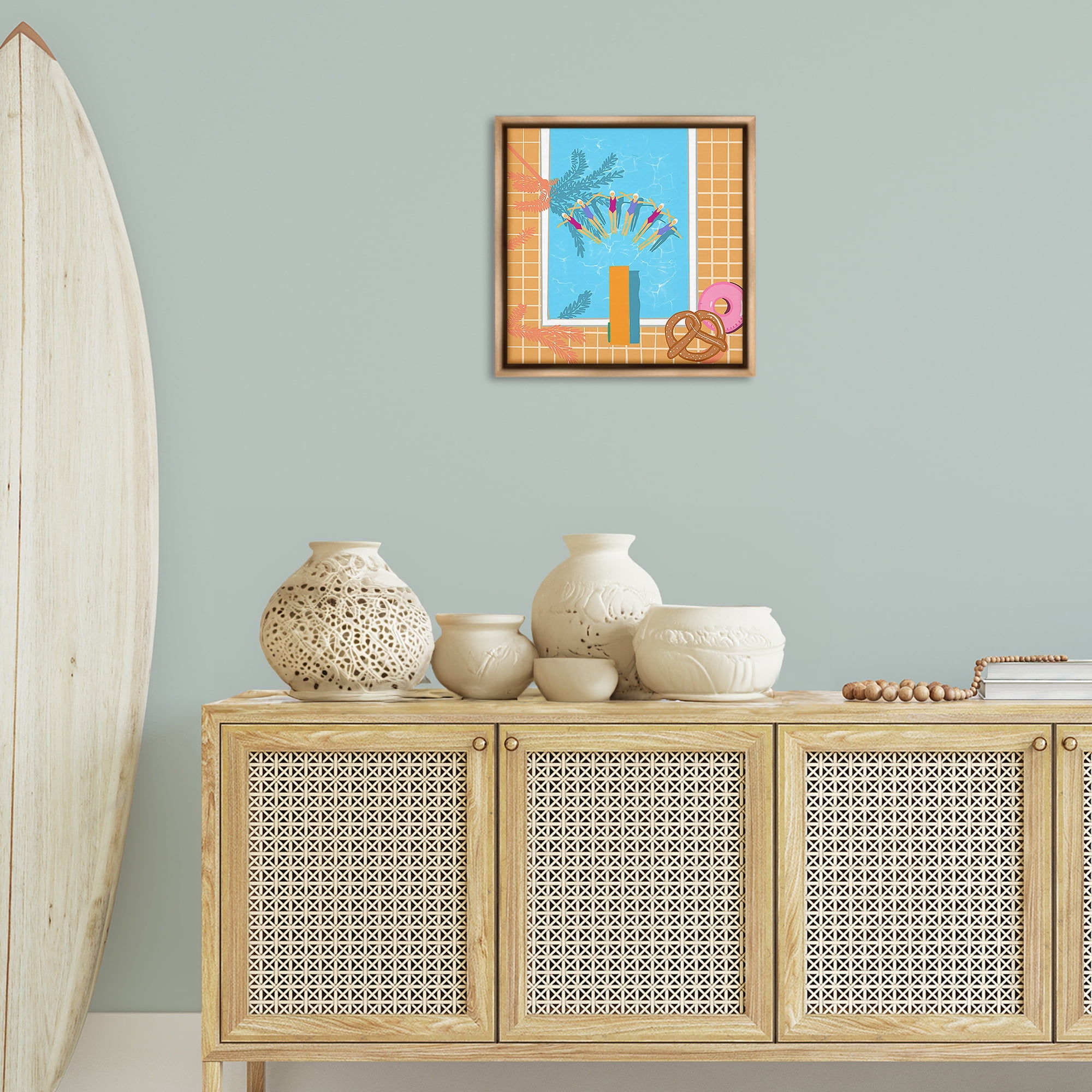 Stupell Industries In Sync Pool Swimmers People Painting Brown Floater Framed Canvas Art Print Wall Art, 18 x 18