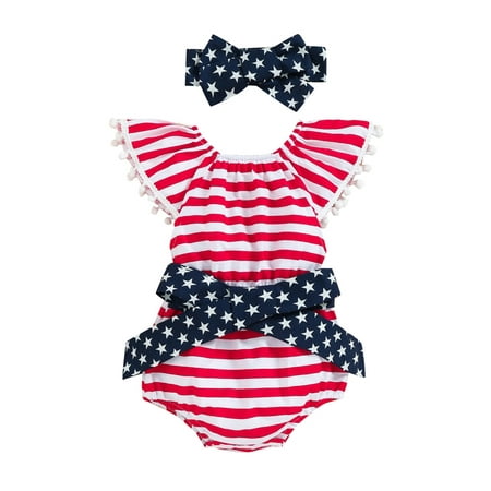 

JINSIJU 2Pcs Baby Girls 4th of July Outfit Stripe/Star Print Flying Sleeve Tassels Romper + Hairband for Toddler 0-18 Months