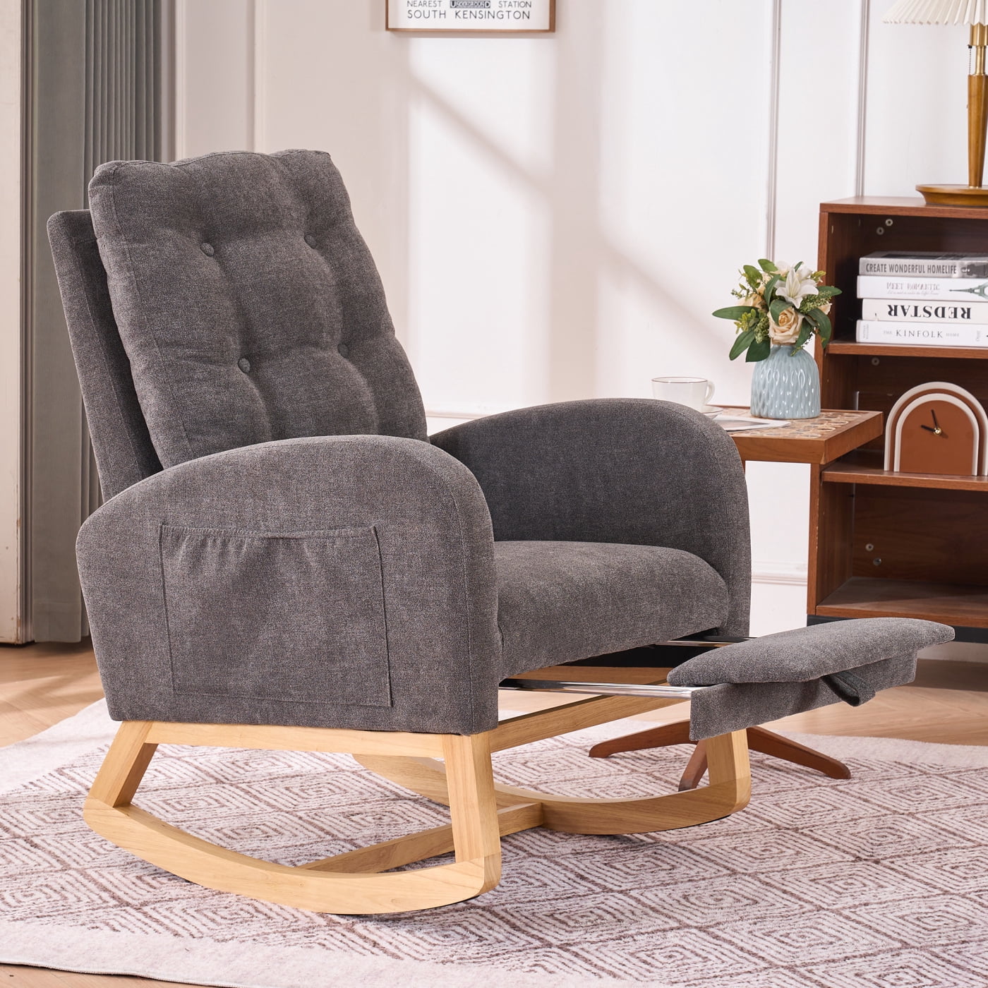 Nursery Rocking Chair with Footrest, Modern Rocking Accent Chairs with Side Pocket and Silent Rocking Motion, 20.87" Deep Seat for Living Room, Bedroom, Offices, Gray