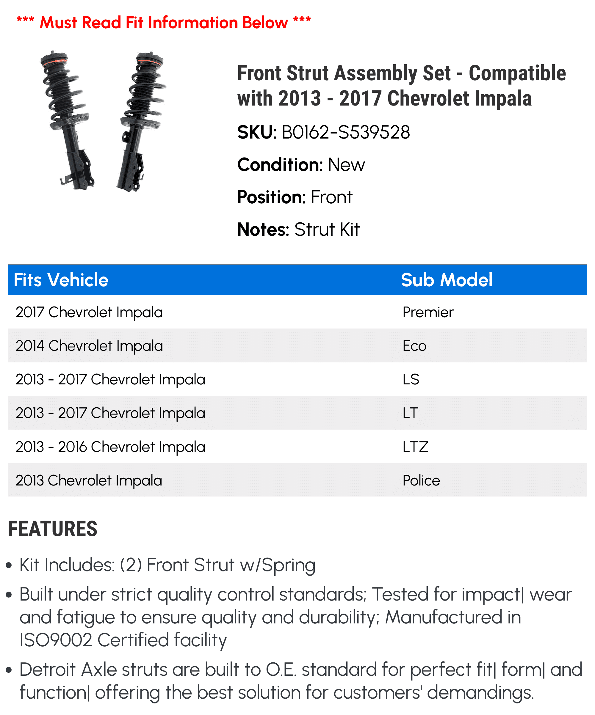 Front Strut Assembly Set - Compatible with 2013 - 2017 Chevy Impala 2014 2015 2016