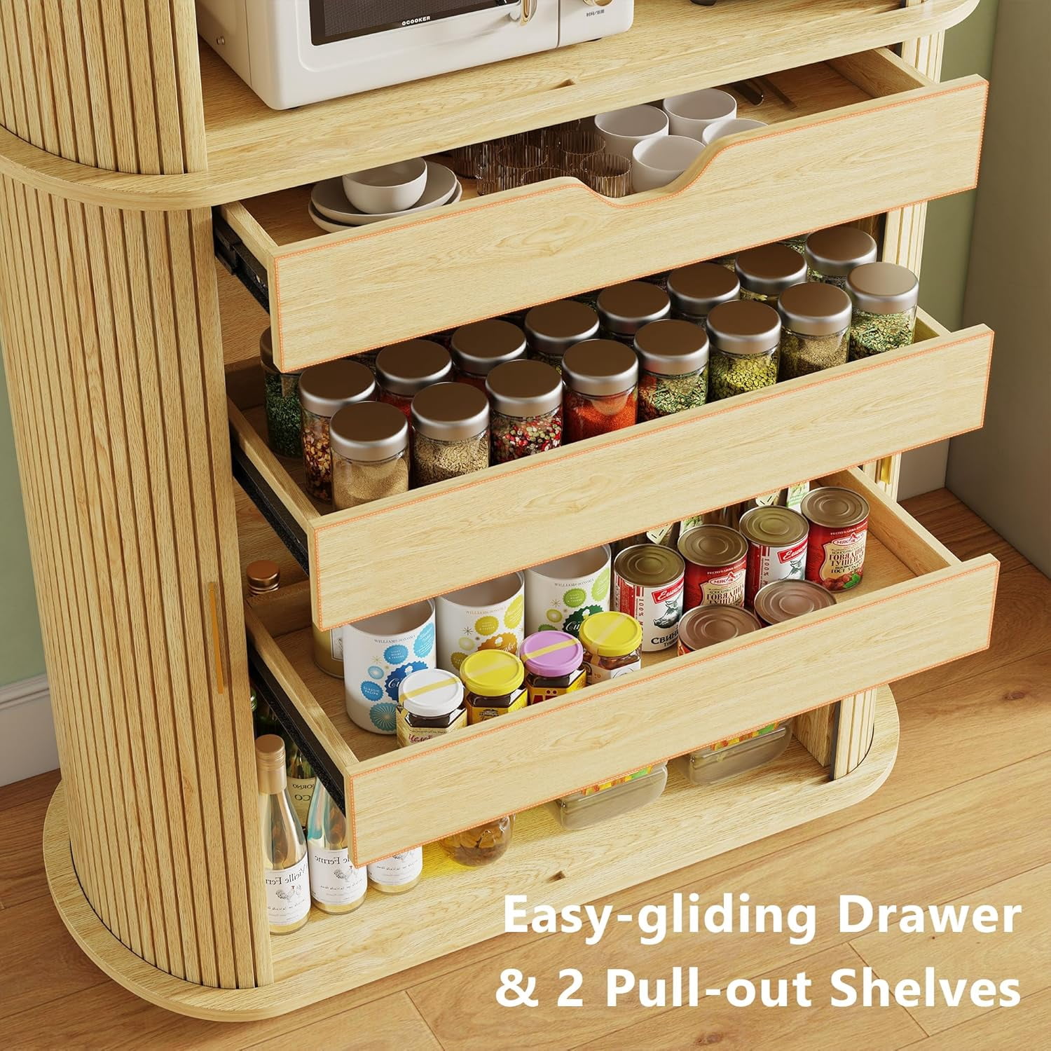 iPormis 64" Kitchen Pantry with Sliding Doors, Tall Farmhouse Curved Pantry Storage Cabinets with Drawer & Pull Out Shelves, Freestanding Wood Cupboard for Kitchen Dining Room Living Room, Natural
