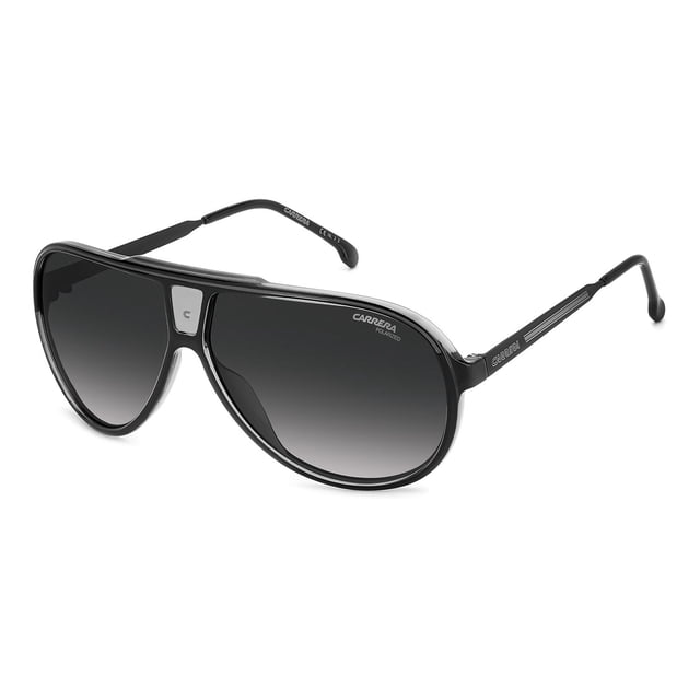 lentes de sol carrera 1050/s para hombre polarizado 20538108a63wj gafas piloto grandes negras con frente transparente y barra superior plana. Lentes polarizadas degradadas, logo 'C' visible en el puente, varillas metálicas con motivo de bandera, puntas 135 mm; lente 63 mm, alto 51.3 mm, puente 10 mm. También suelen usarse como accesorio de moda para viajes y uso diario.