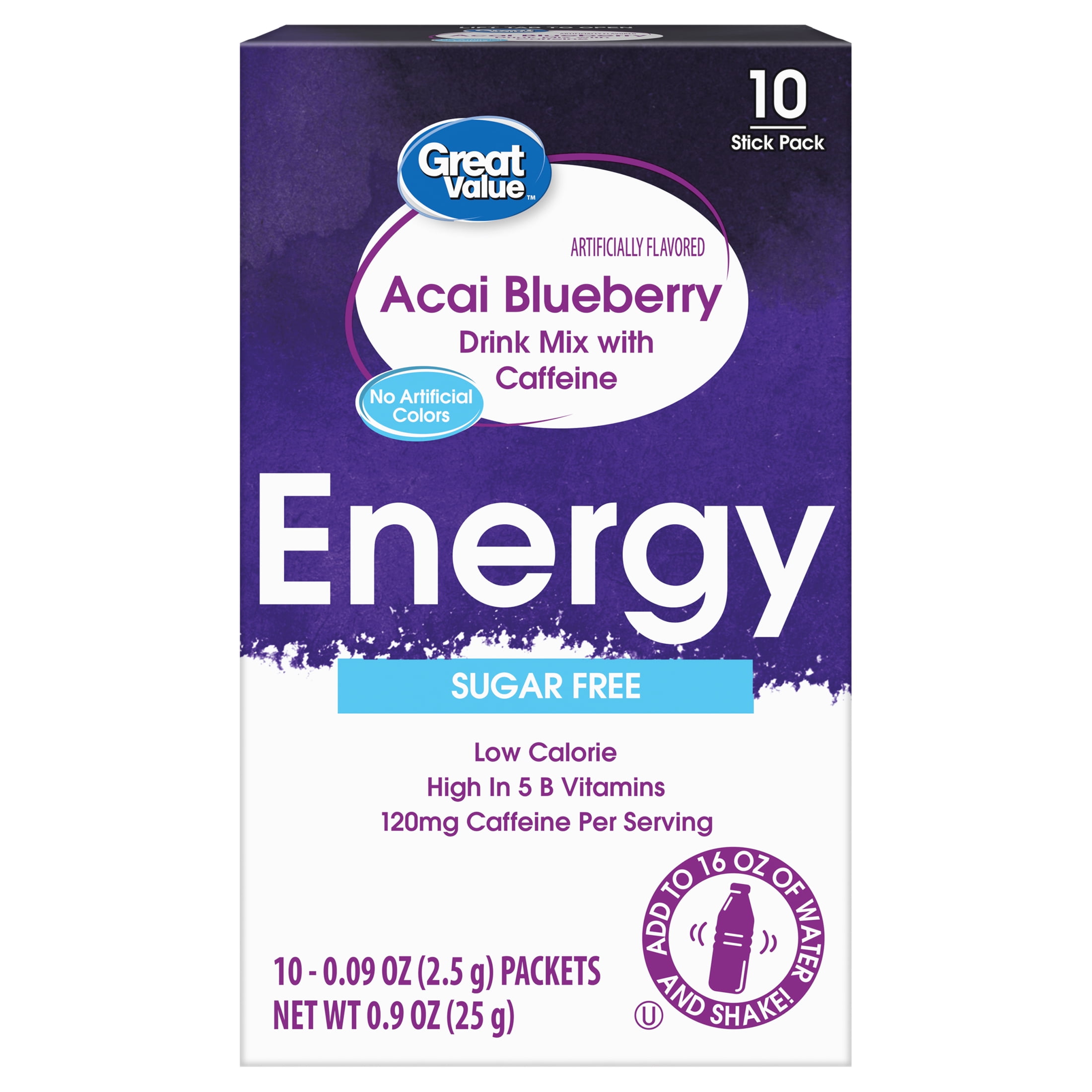 Great Value Energy Sugar Free Blueberry Acai Energy Drink Mix, 0.08 oz, 10 Packets