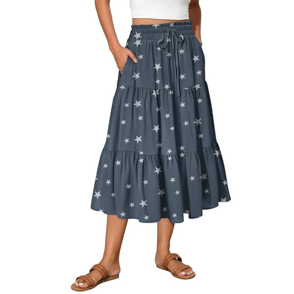 GXIPO Flowy Boho Midi Skirts for Women High Waist Floral Tiered Skirt Summer Casual Beach Skirt Navy L