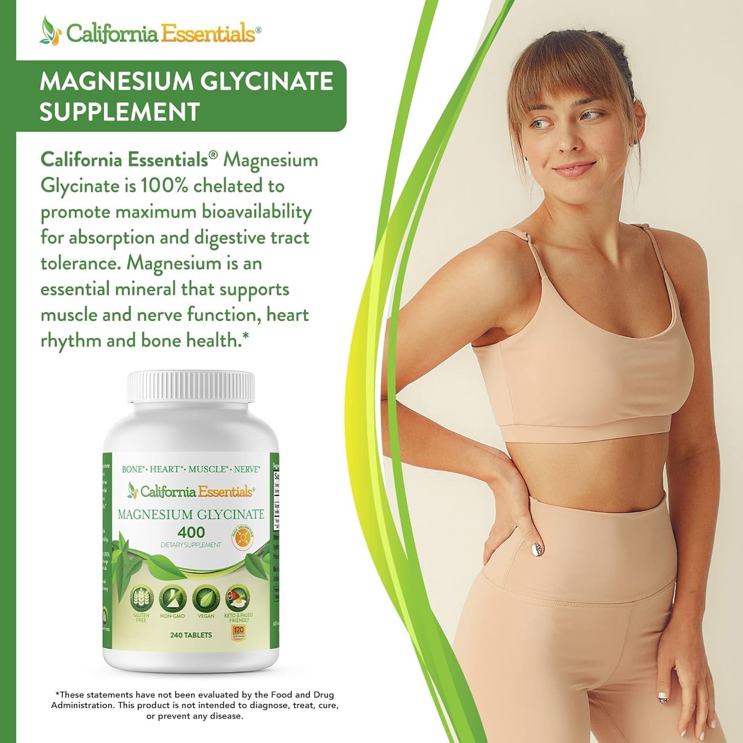 California Essentials Magnesium Glycinate 400 mg - Supports Muscle Relaxation, Bone Health & Stress Relief - Vegan Dietary Supplement (240 Tablets)