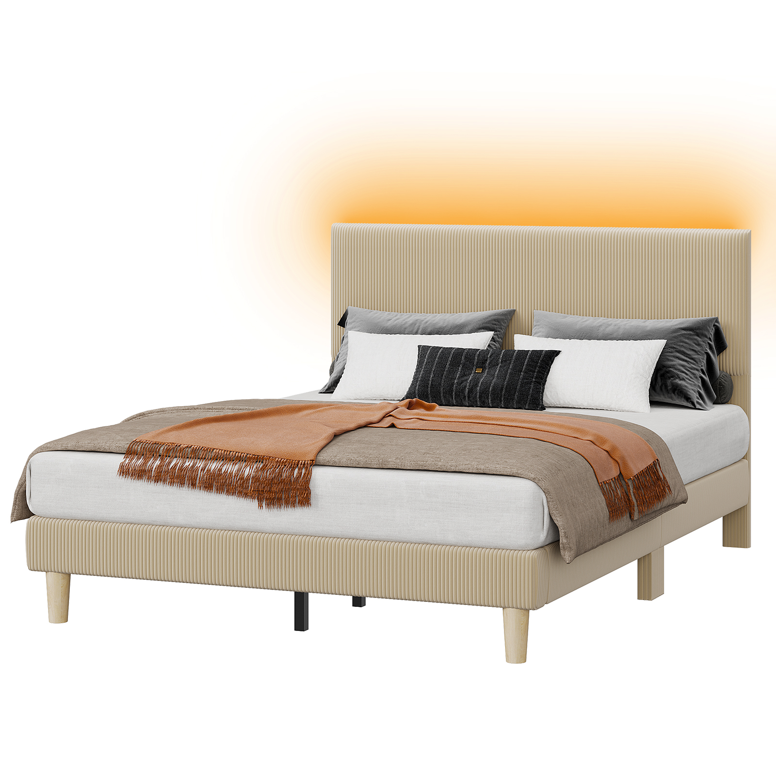 Bestier Corduroy Queen Platform Bed with LED Lights, Beige photo 8