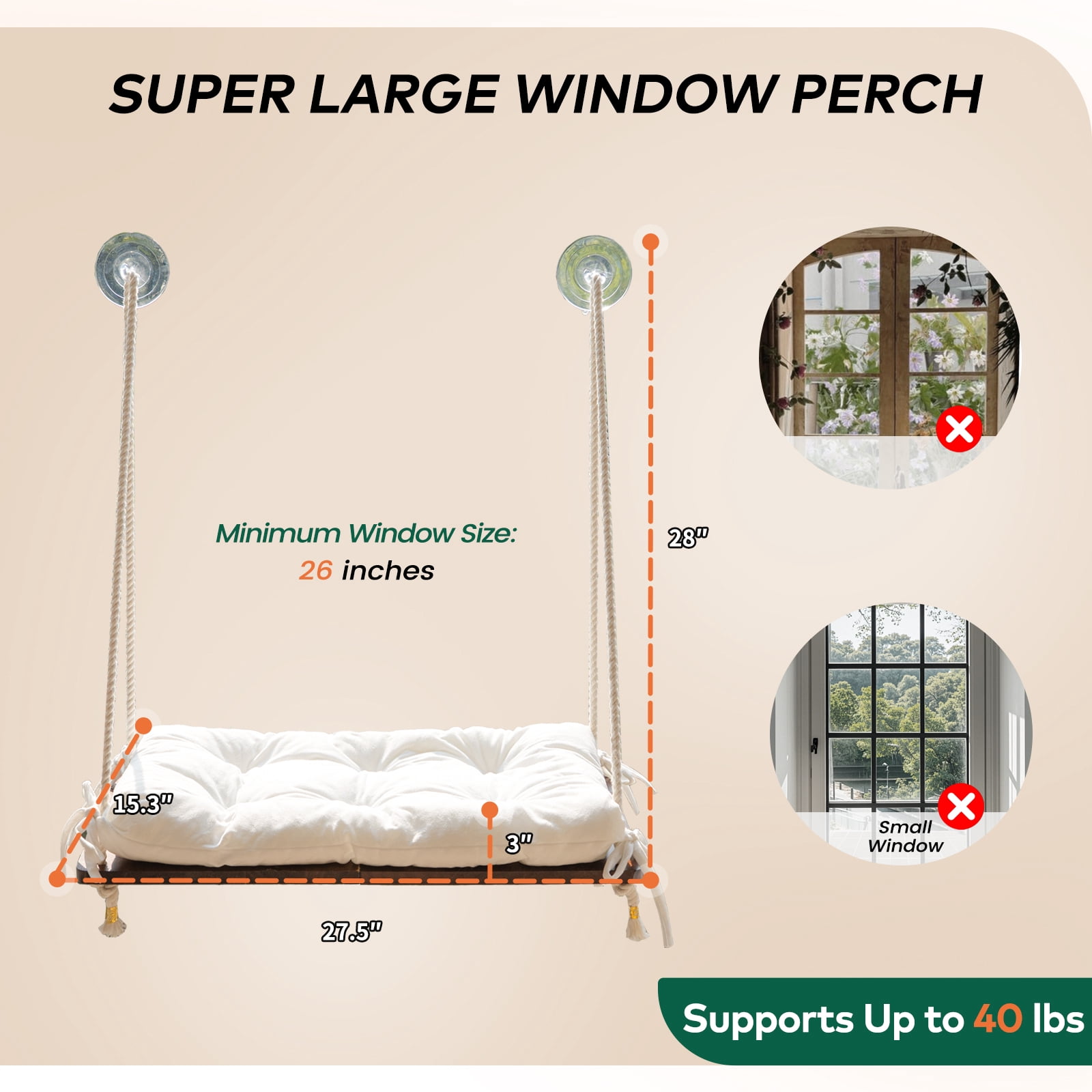 CheerPals Cat Window Perch with Cushion, 27.5*15In Solid Wood Hammock Bed, 45lb Capacity for Indoor Cats