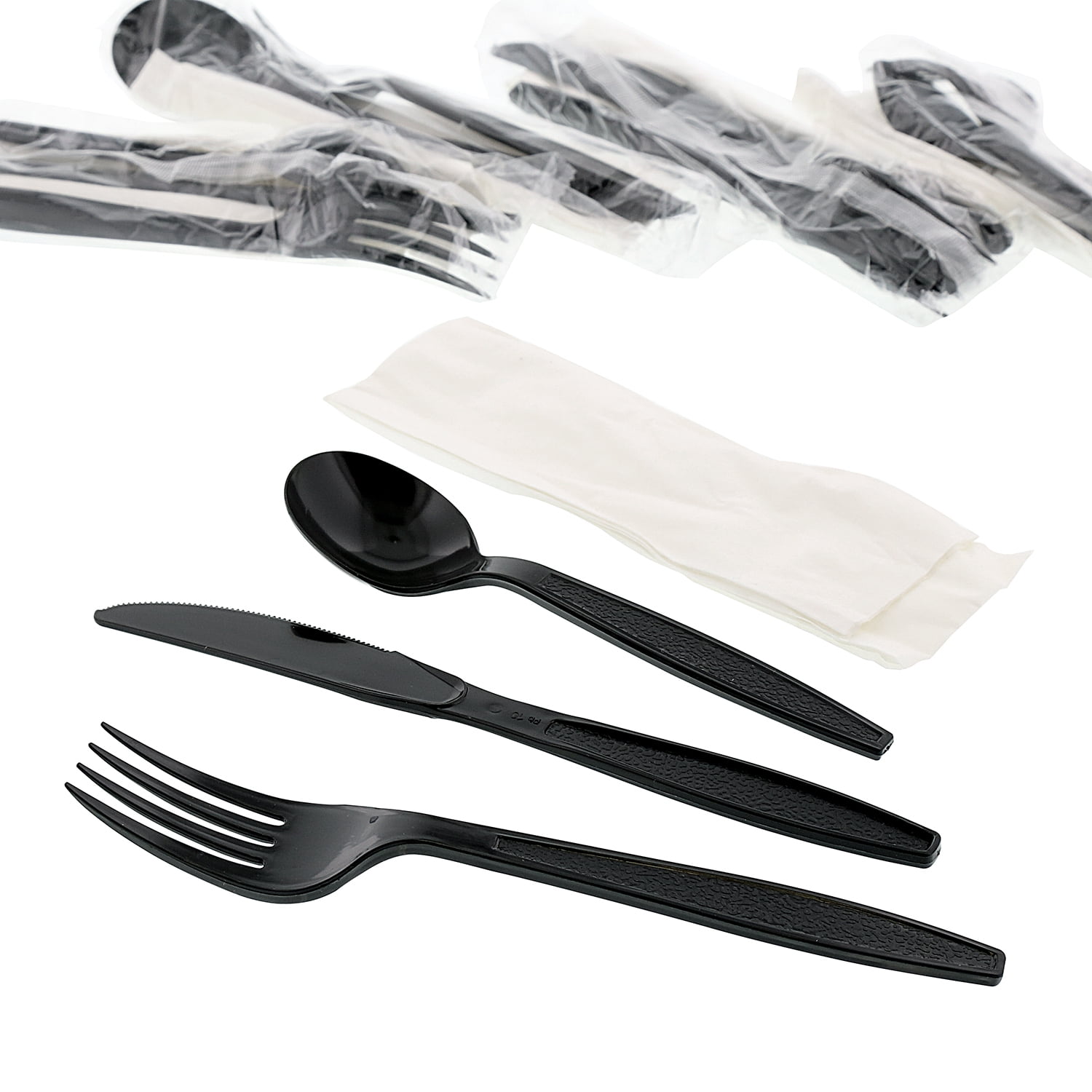 AmerCare Meal Kit with Napkin, and Black Heavy Weight Fork, Knife, and Soup Spoon, Case of 250