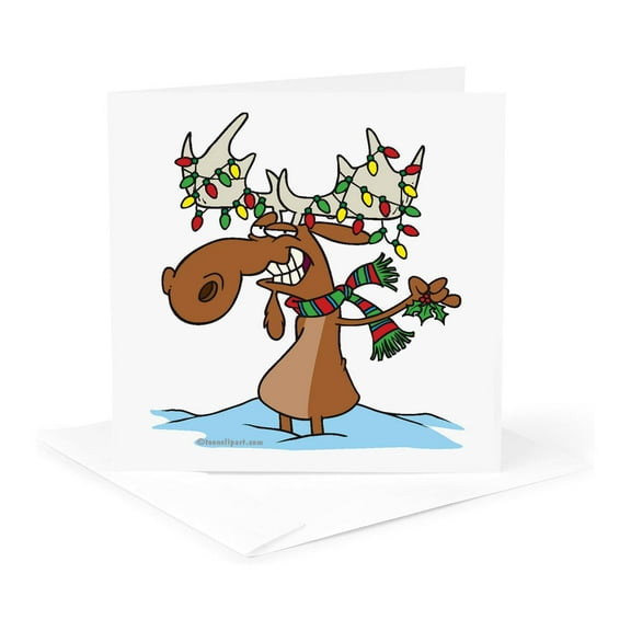 3dRose, Funny Silly Christmas Moose Cartoon, 1 Greeting Card with envelope